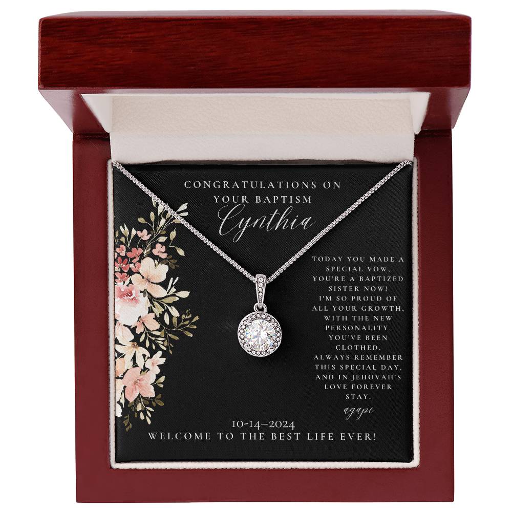 white gold finish baptism necklace with cz crystals, for sisters