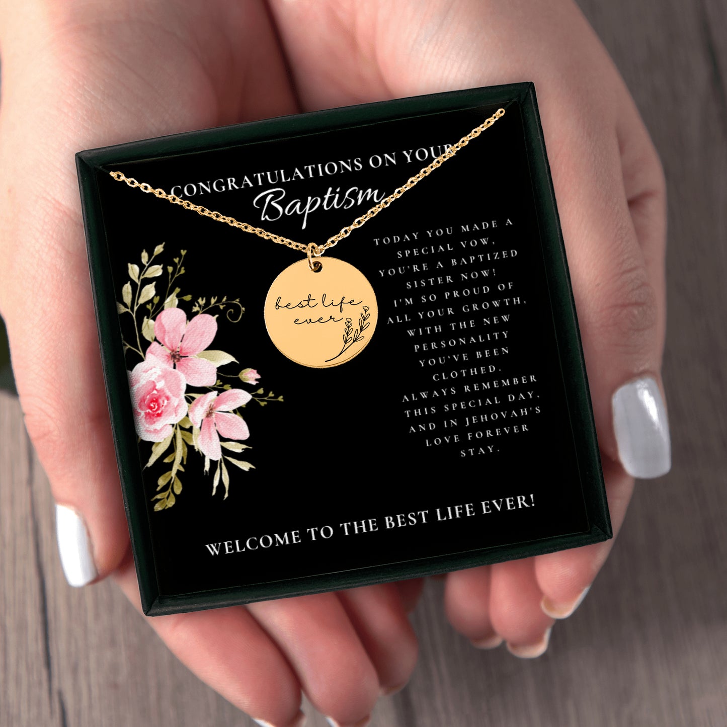 best life ever baptism necklace for sisters