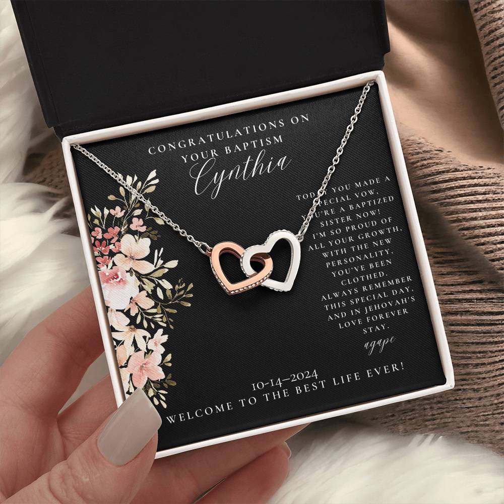 Rose Gold finish, Gold Cubic Zirconia hearts necklace, baptism gift for sisters personalized