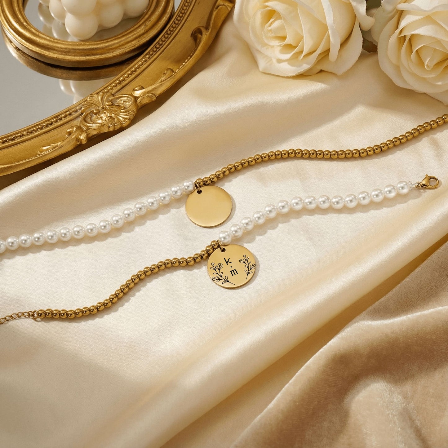 engraved initials baptism bracelet for sisters