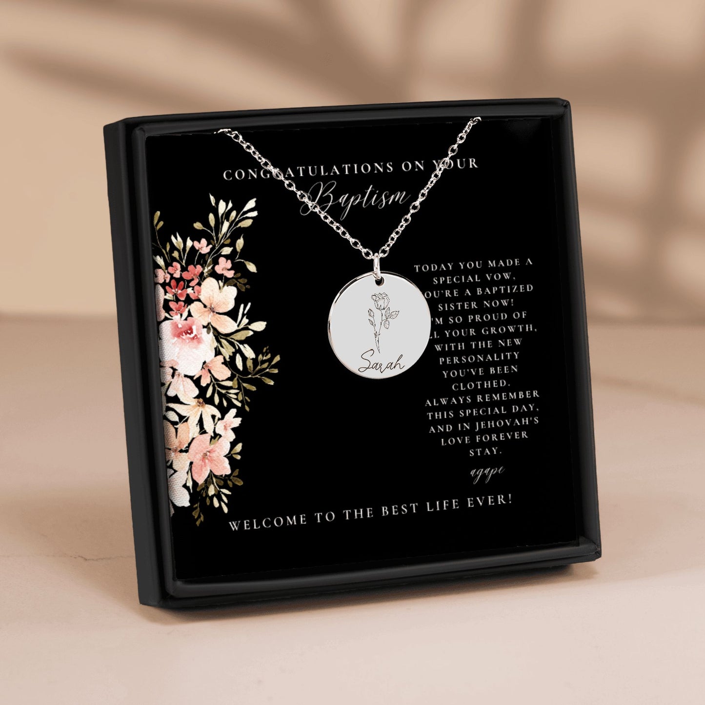 baptism necklace for sisters with flower choice